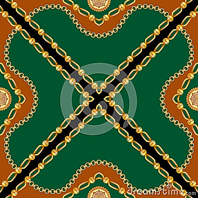 Leopard SSeamless Golden Chains Pattern, on Cokin Pattern with Golden and Silver Chains. Patch for Scarfs, Print, Fabric, Textile. Stock Photo