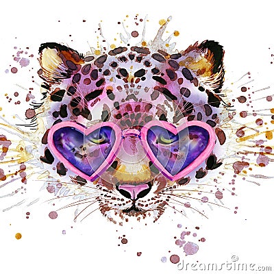 Leopard T-shirt graphics. leopard illustration with splash watercolor textured background. Cartoon Illustration