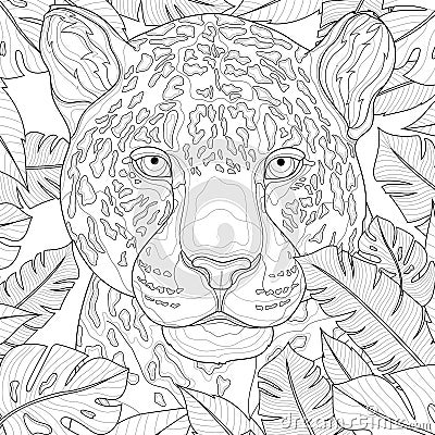 Leopard among tropical leaves. Animal.Coloring book antistress for children and adults. Vector Illustration