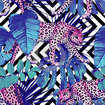 Leopard and tropical plants, geometric black Vector Illustration