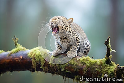 leopard yawning on a mossy limb Stock Photo