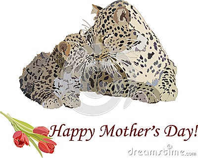 Leopardess and cub. Congratulation. Vector Illustration