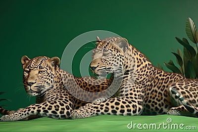 Leopards lies on a rest in the day of Africa on a green background. AI generated. Stock Photo