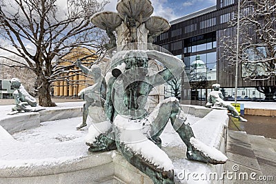 Leopold Fountain, sculpture covered with snow, Innsbruck, Austria Editorial Stock Photo