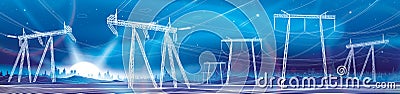 High voltage transmission system. Electricity. Neon glow. City energy infrastructure. Night landscape. Power lines Vector Illustration