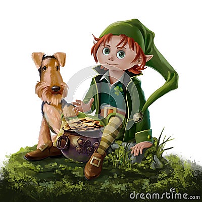 Leprechaun boy, Irish Terrier and pot of gold Stock Photo