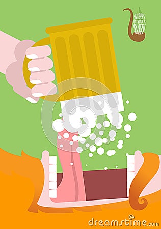 Leprechaun drinking beer. Happy Patricks Day. Scary Gnome reddish beard and mug of ale. Open mouth and tongue. National Holiday i Vector Illustration