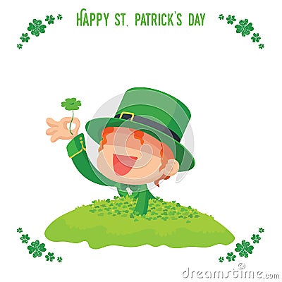 Leprechaun Found a Four-Leaf Clover for St. Patrick's Day Card Vector Illustration