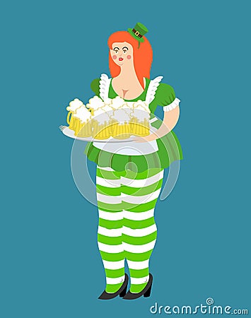 Leprechaun girl with red hair and beer. Beautiful woman in green Vector Illustration