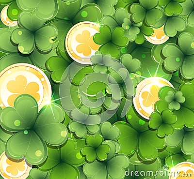 Leprechaun gold coins and clover Vector Illustration