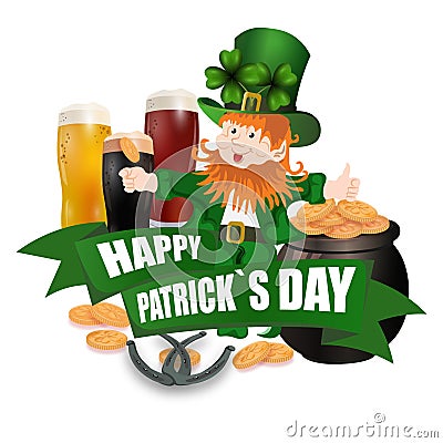 Leprechaun in a green hat. Three kinds of beer. Pot with coins. Two leaves of clover. Horseshoes. An inscription for St Vector Illustration