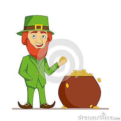 Leprechaun in green suit stands next to a pot full of gold. Flat character isolated on white background. Vector Vector Illustration