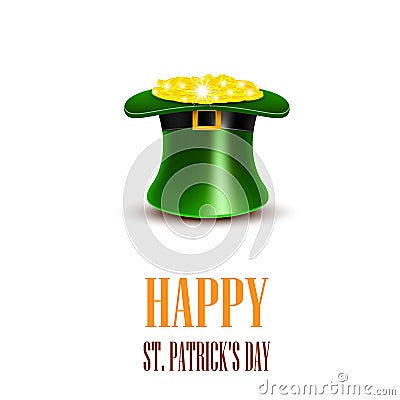 Leprechaun hat filled with gold. Saint Patricks Day Card. Vector Illustration