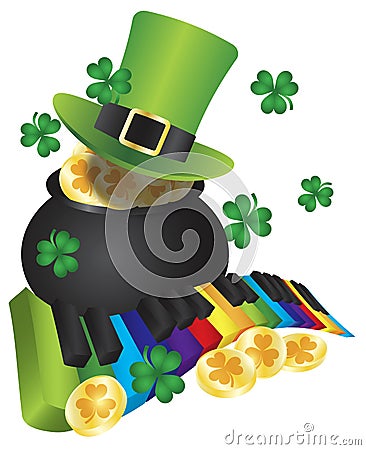 Leprechaun Hat with Piano Keys and Pot of Gold Vector Illustration