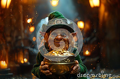 Leprechaun holds pot with gold, St. Patrick day. Irish. AI generative Stock Photo