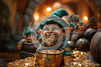Leprechaun holds pot with gold, St. Patrick day. Irish celebrate. AI generative Stock Photo