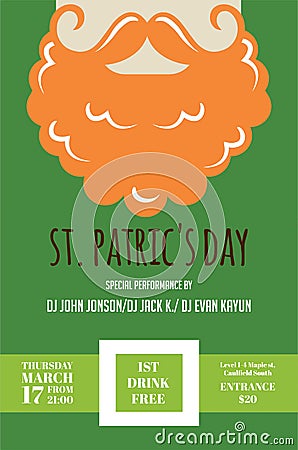 Leprechaun or Irish man with mustache and beard for St. Patricks Day pub or party invitation Vector Illustration