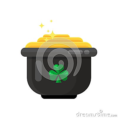 Leprechaun pot of gold icon in flat style design. Vector Illustration