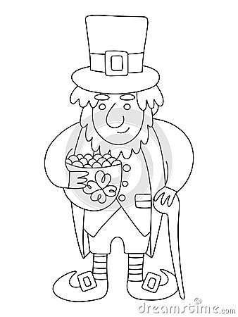 Leprechaun with pot of gold and shillelagh linear stock vector illustration Vector Illustration