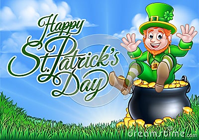 Leprechaun and Pot of Gold St Patricks Day Sign Vector Illustration