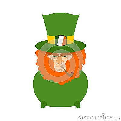 Leprechaun with red beard in pot. St. Patricks Day character. Ir Vector Illustration