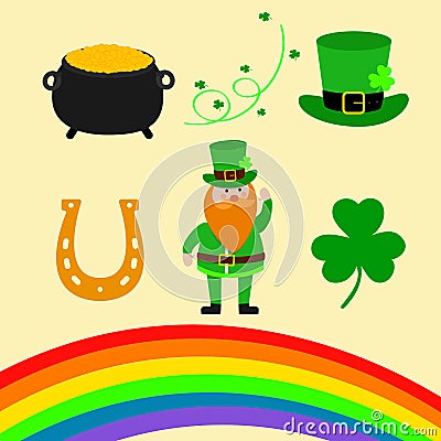 Happy St. Patrick Day scene creator set vector illustration. Leprechaun, clover shamrock leaf, the hat, pot of gold, rainbow, magi Vector Illustration