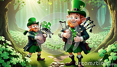 Leprechauns Playing Music in Forest Stock Photo