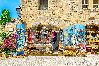 LES BAUX DE PROVENCE, JUNE 21, FRANCE 2017: View of a narrow street in the historical center of Les Baux de Provence, France Editorial Stock Photo