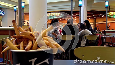 Les jeunes appréciant le repas à l'espace restauration avec la tache floue de mouvement avant font frire banque de vidéos Les jeunes appréciant le repas à l'espace restauration avec la tache floue de mouvement avant font frire banque de vidéos