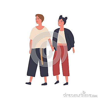 Lesbian couple holding hands flat vector illustration. Young happy women walking together cartoon characters. Cheerful Vector Illustration