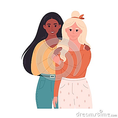 Lesbian couple hugging and smiling. Sweetheart couple together. LGBT family, LGBT pride. Homosexual multiracial couple Cartoon Illustration