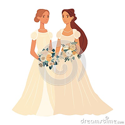 Lesbian couple marriage. Homosexual wedding. Brides in dress LGBT newlyweds Vector Illustration