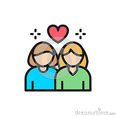 Lesbian couple, non traditional love flat color line icon. Vector Illustration