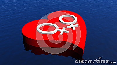 Lesbian couple in red heart floating in the ocean Stock Photo