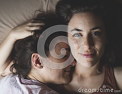 Lesbian Couple Together Indoors Concept Stock Photo