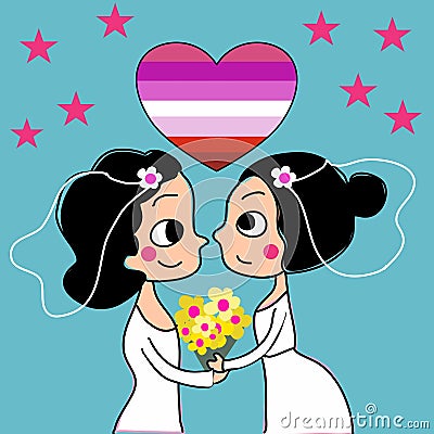Lesbian couples bride and groom holding flower bouquet in their wedding with lesbian flag color heart shape Vector Illustration
