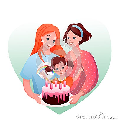 Lesbian family celebration vector illustration, cartoon flat happy parents with boy child celebrating kids birthday Vector Illustration