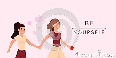 Lesbian love flat vector banner template. Be yourself lgbt movement slogan, coming out message on pink background. Young Vector Illustration