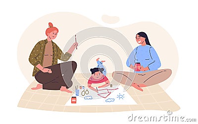Lesbian parents draw picture with their daughter Vector Illustration