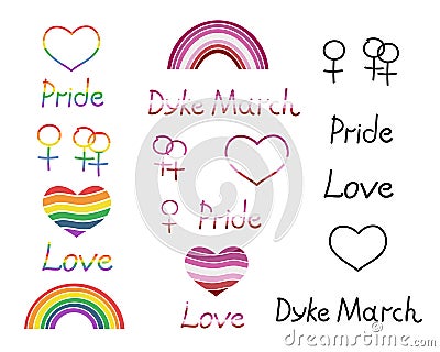 Lesbian thin line icons set. Dyke March coming out, free love, LGBT rights, pride, rainbow. outline vector illustration. Vector Illustration