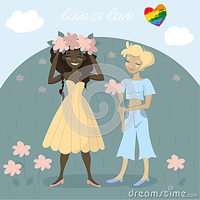 Homosexual couple together gather flowers in the meadow. Romantic Homosexual illustration Stock Photo