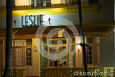 Leslie Hotel Miami Beach night photo Editorial Stock Photo