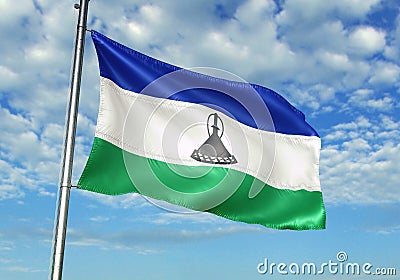 Lesotho flag waving with sky on background realistic 3d illustration Cartoon Illustration