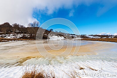 Lessinia Plateau with a Small Frozen Lake for Cows - Veneto Italy Stock Photo