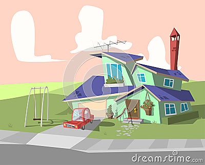 Blue cartoon house. llustration of a cartoon country house in spring or summer season Vector Illustration