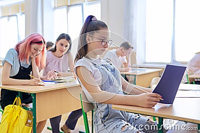 Lesson in class of teenage children, in front girl 13, 14 years old sitting at desk Stock Photo