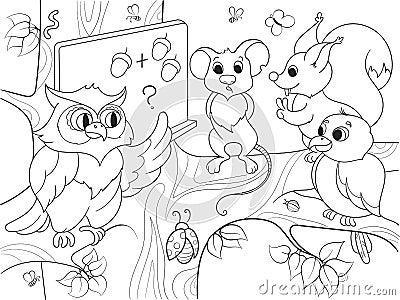 Lesson in the school of an owl in the woods coloring book for children cartoon vector illustration Vector Illustration