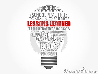 Lessons Learned light bulb word cloud collage, education concept background Stock Photo
