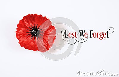 Lest We Forget, Red Flanders Poppy Lapel Pin Badge on white Stock Photo