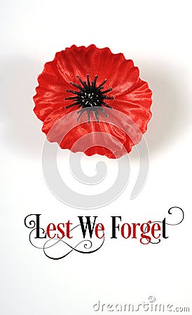 Lest We Forget, Red Flanders Poppy Lapel Pin Badge on white - vertical. Stock Photo